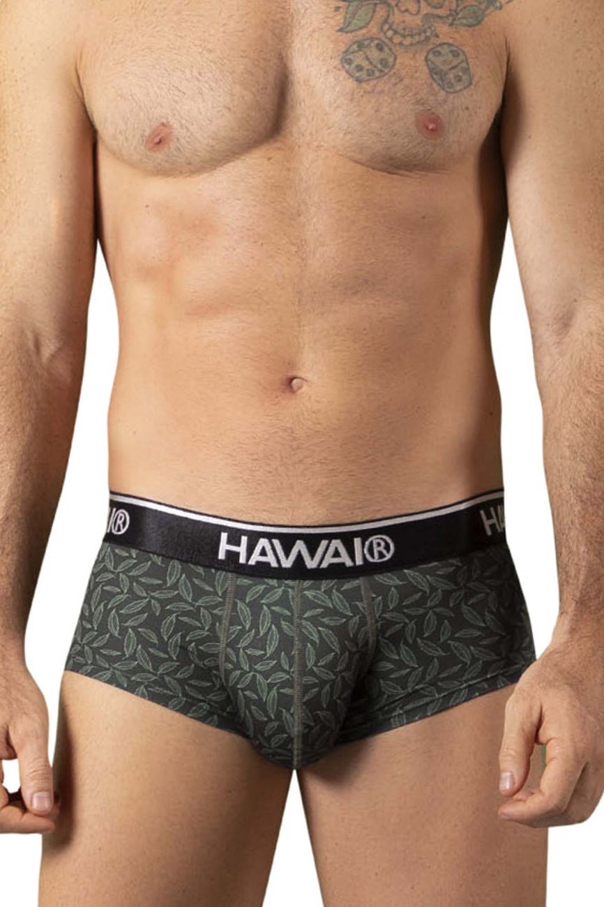 Dark green leaf-patterned Hawai briefs with black elastic waistband and white Hawai lettering in front view