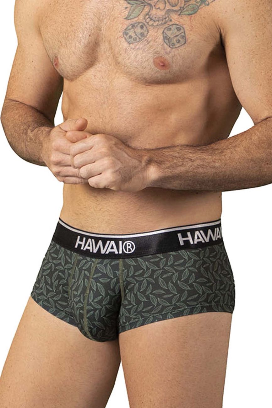 Dark green hawaii boxer briefs with subtle leaf pattern and black waistband featuring white hawaii branding