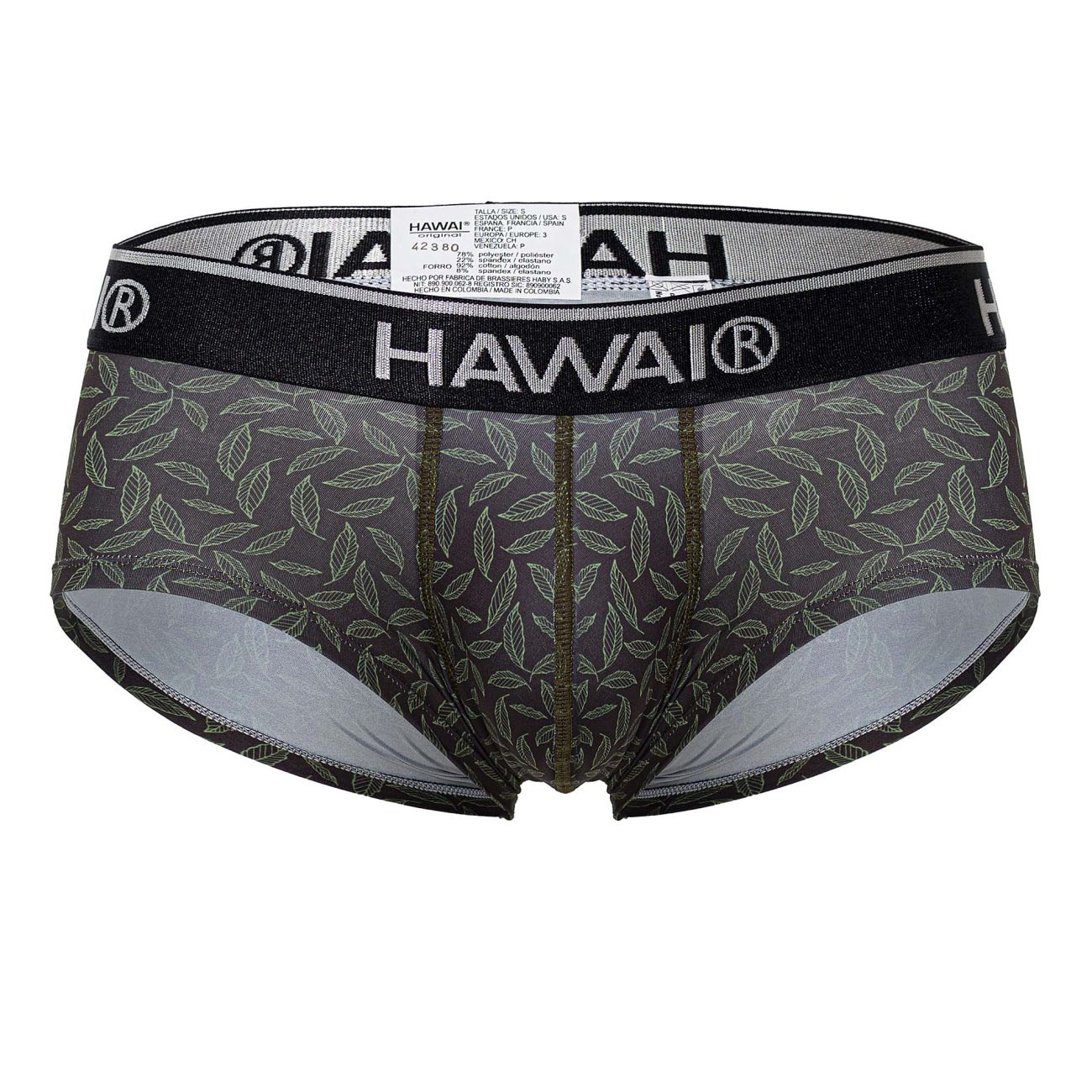 Black hawai 42380 printed briefs in green with subtle leaf pattern and contrasting silver inner lining for men