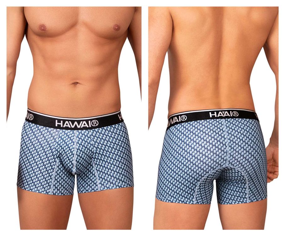 Blue patterned hawaii 42420 printed trunks boxer briefs with black waistband designed for comfortable wear