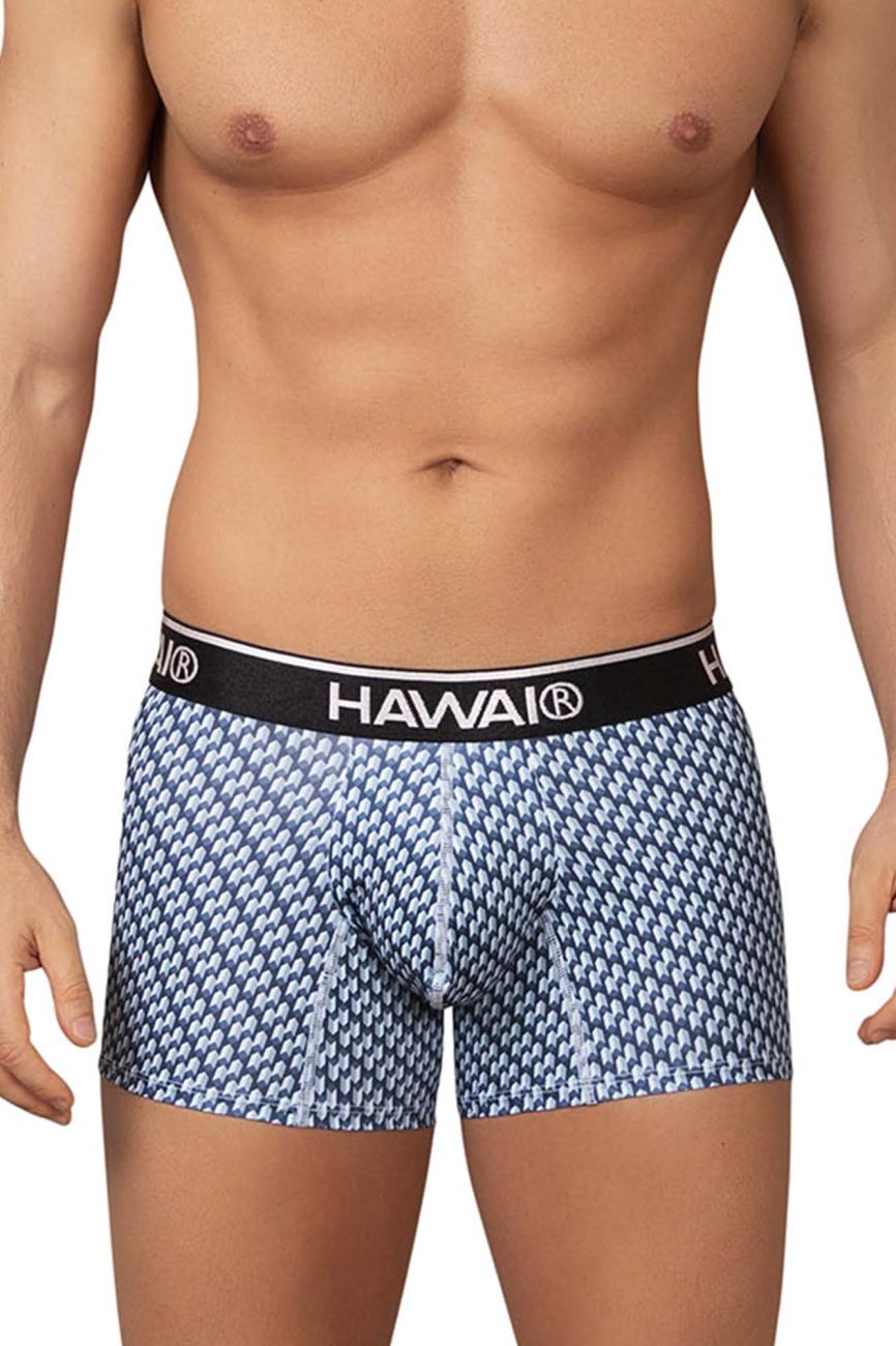 Blue and white patterned Hawai 42420 printed boxer briefs with black waistband and white brand lettering
