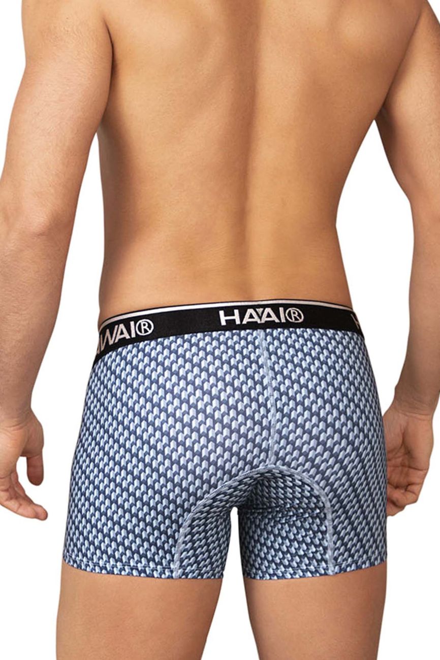 Blue and white patterned haai brand men’s boxer briefs with black waistband in hawai 42420 printed trunks color blue