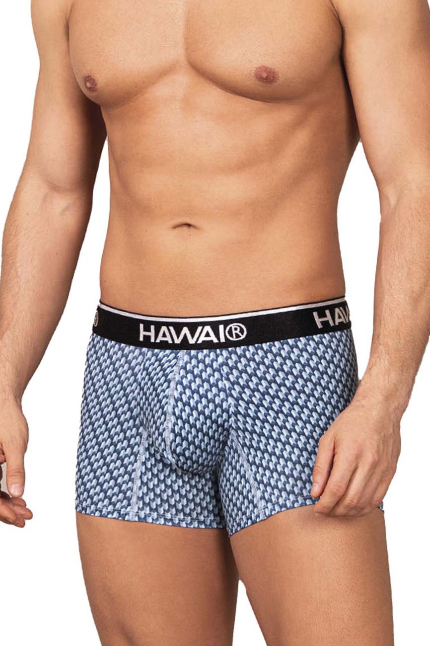 Blue and white patterned hawai 42420 printed trunks with black elastic waistband for comfortable everyday wear