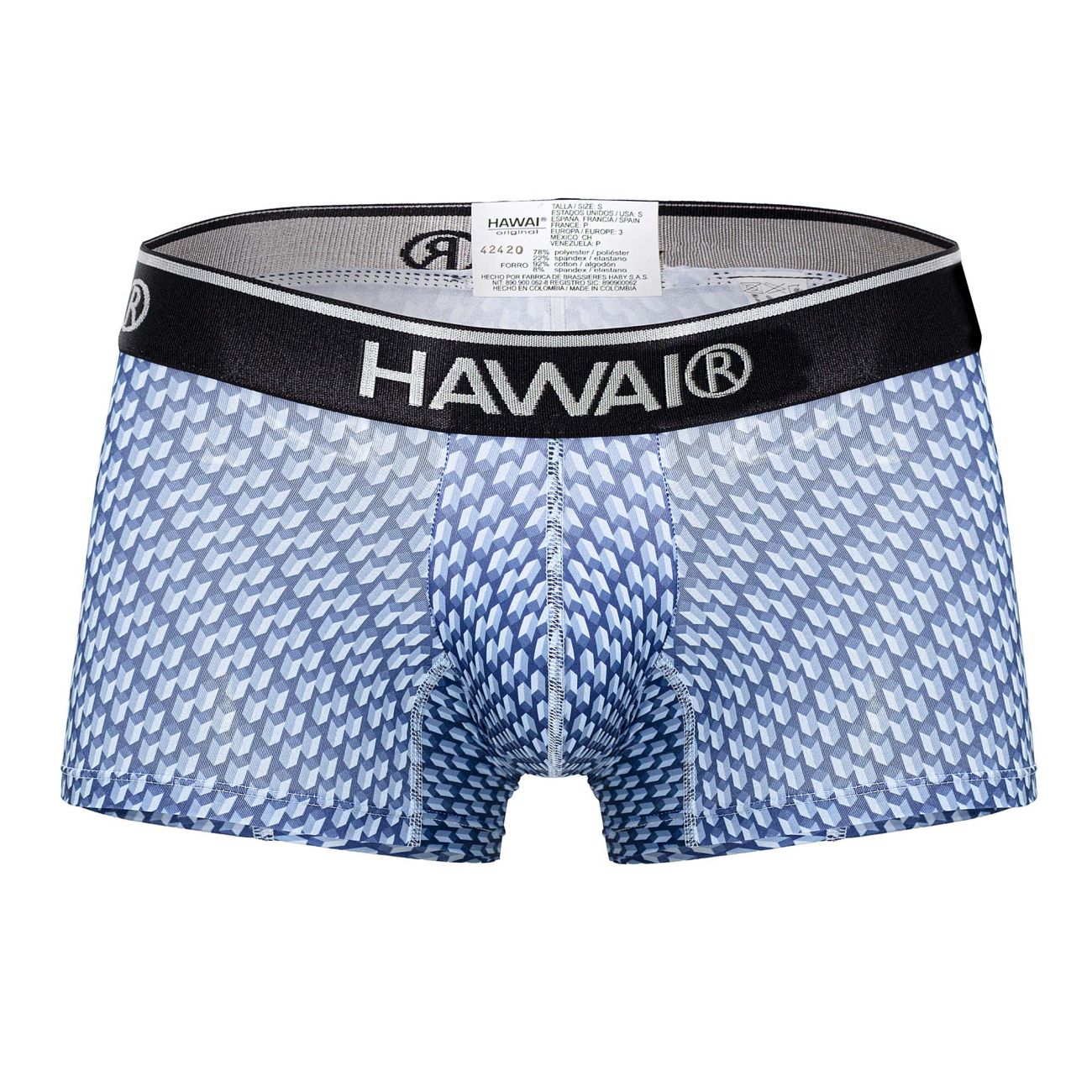 Blue patterned men’s boxer briefs with a black waistband featuring the hawai brand name in model 42420 printed trunks