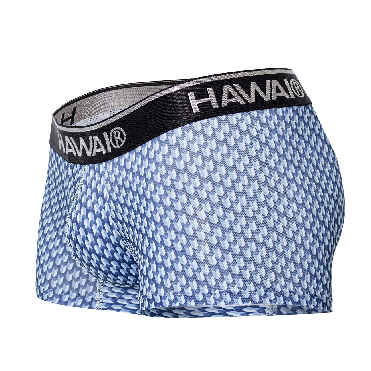 Blue and white geometric patterned men’s boxer briefs with black hawai waistband printed trunks color blue