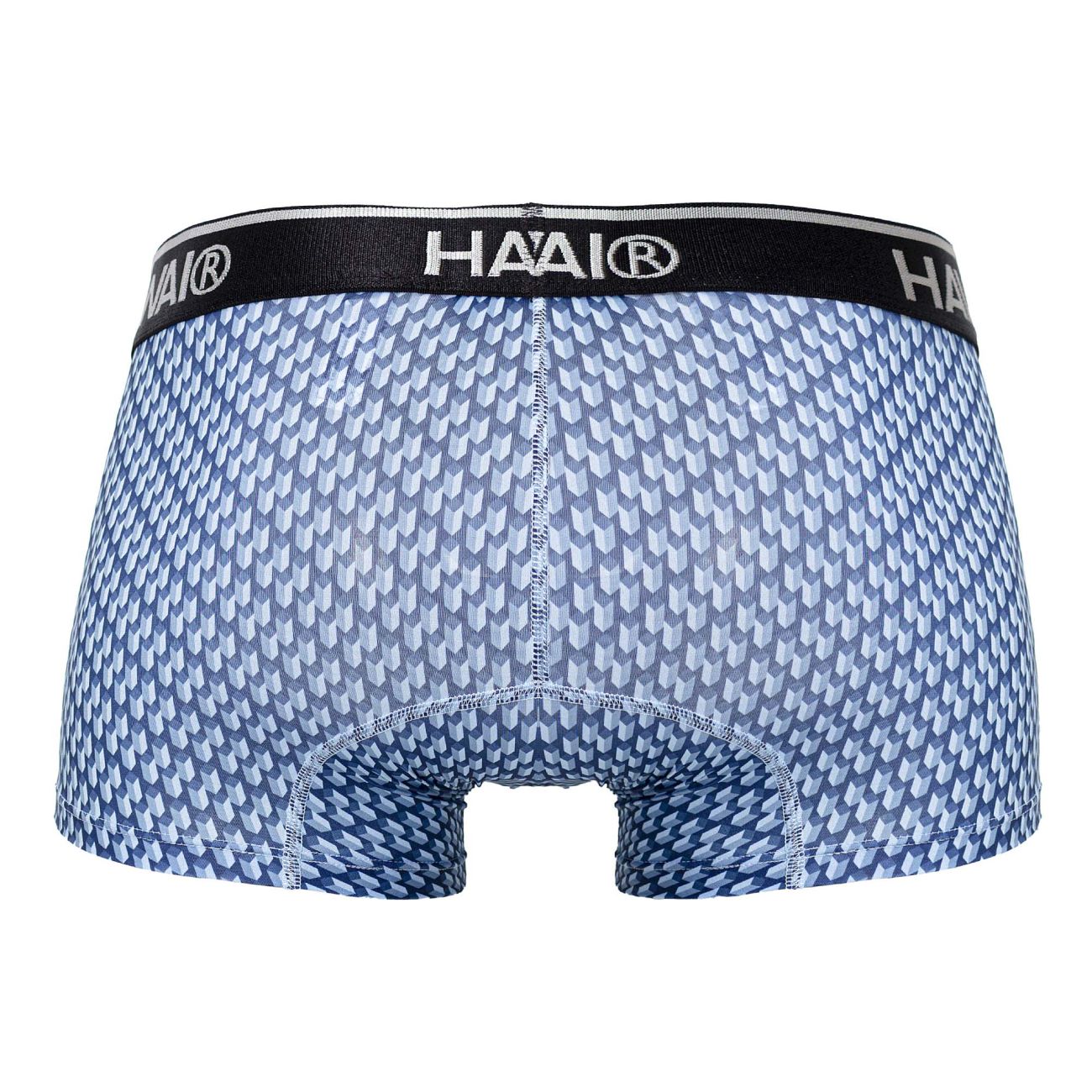 Blue patterned men’s boxer briefs with black waistband and haai brand logo from hawai 42420 printed trunks collection