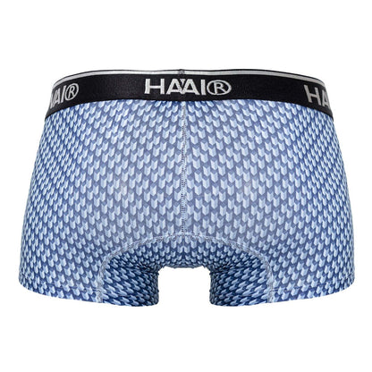 Blue patterned men’s boxer briefs with black waistband and haai brand logo from hawai 42420 printed trunks collection