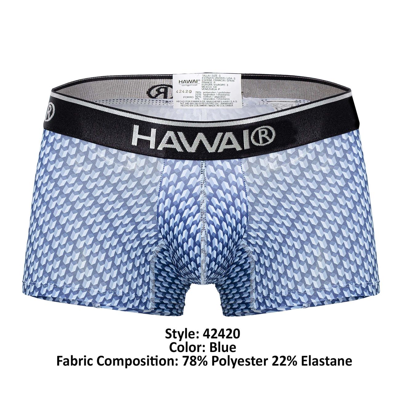 Blue patterned men’s boxer briefs with black waistband featuring hawai brand logo in printed trunks style