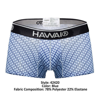 Blue patterned men’s boxer briefs with black waistband featuring hawai brand logo in printed trunks style