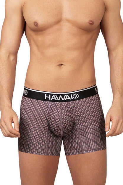 Hawai 42420 printed trunks men’s boxer briefs in cocoa with textured muted purple and gray scale-like pattern fabric