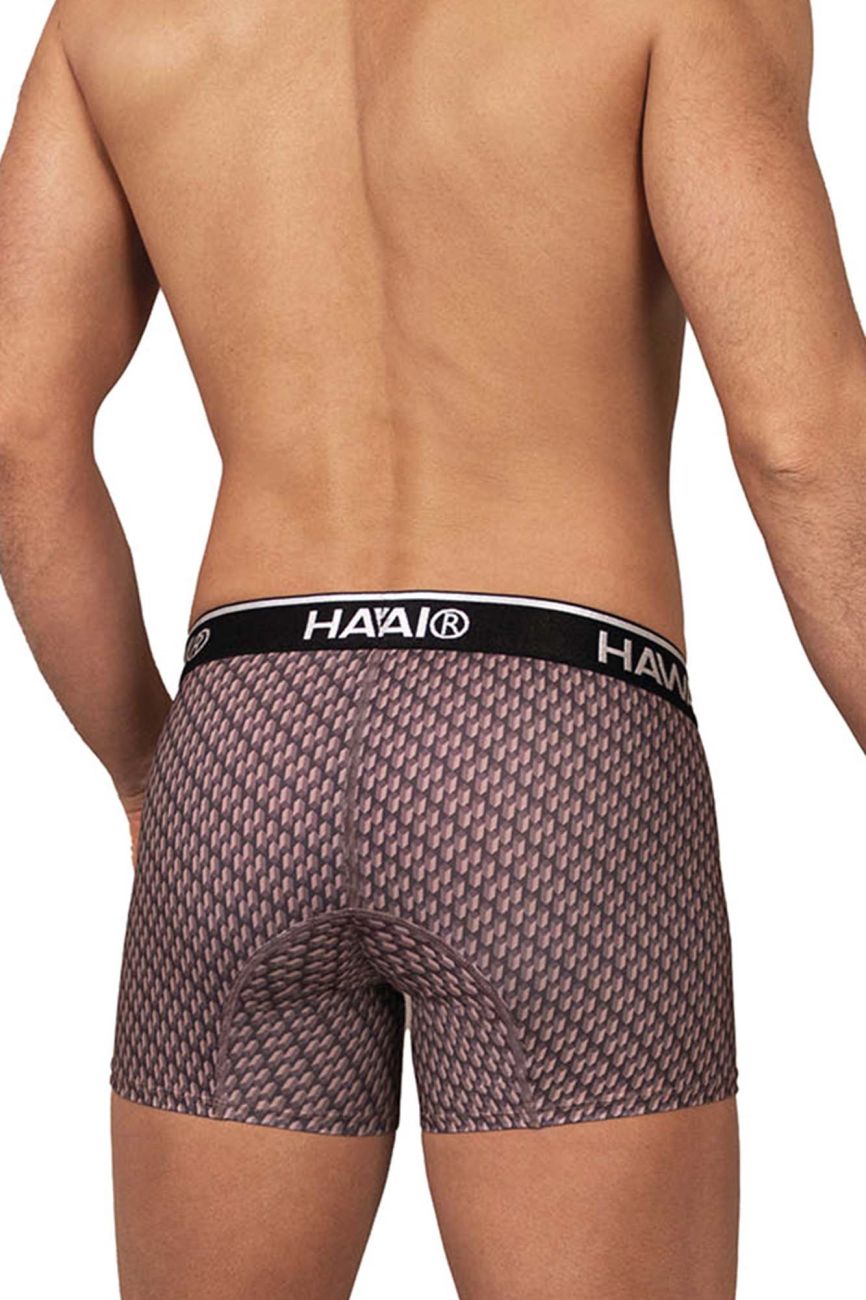 Hawaii 42420 printed trunks men’s boxer briefs in cocoa color feature a textured purple and gray scale pattern with black waistband