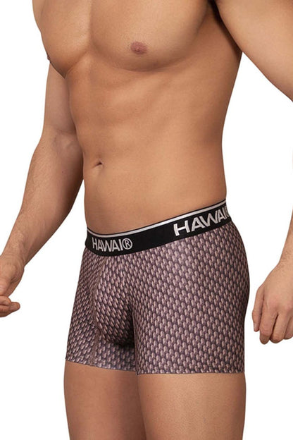 Hawai 42420 printed trunks in cocoa color with Hawaiian pattern and black waistband featuring Hawaii logo in white