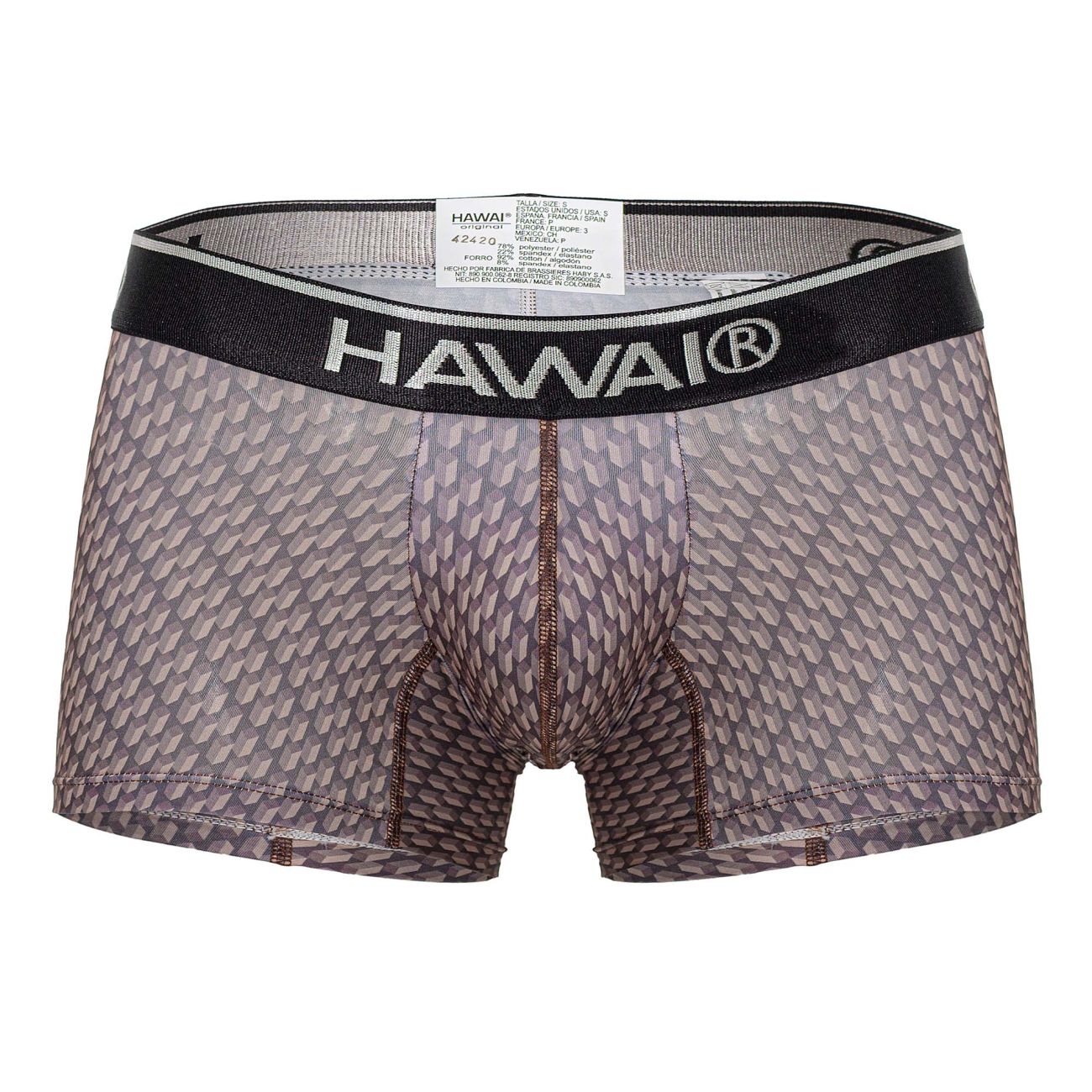 Gray patterned men’s boxer briefs with black waistband and hawai brand name in white color cocoa print