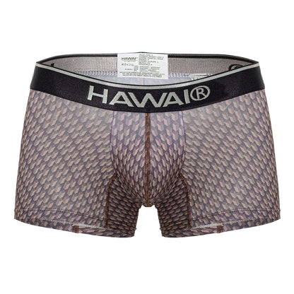 Gray patterned men’s boxer briefs with black waistband and hawai brand name in white color cocoa print