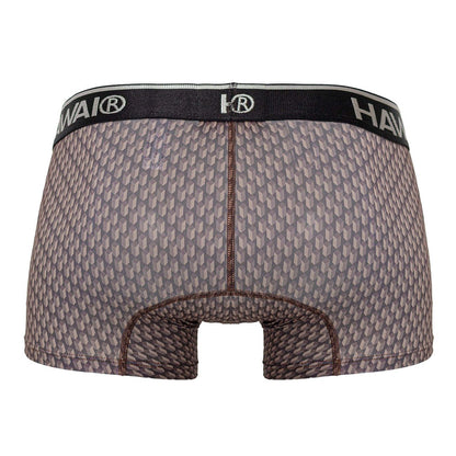 Gray patterned men’s boxer briefs with black hawai waistband in cocoa color printed trunks 42420 style