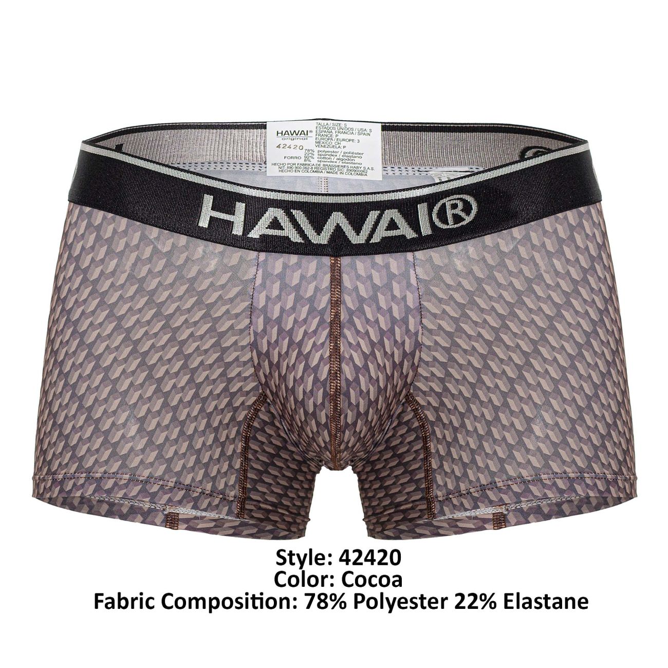 Cocoa-colored hawai 42420 printed trunks boxer briefs with geometric pattern and black waistband shown from the back
