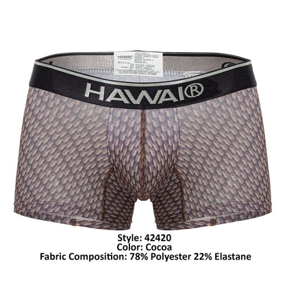 Cocoa-colored hawai 42420 printed trunks boxer briefs with geometric pattern and black waistband shown from the back