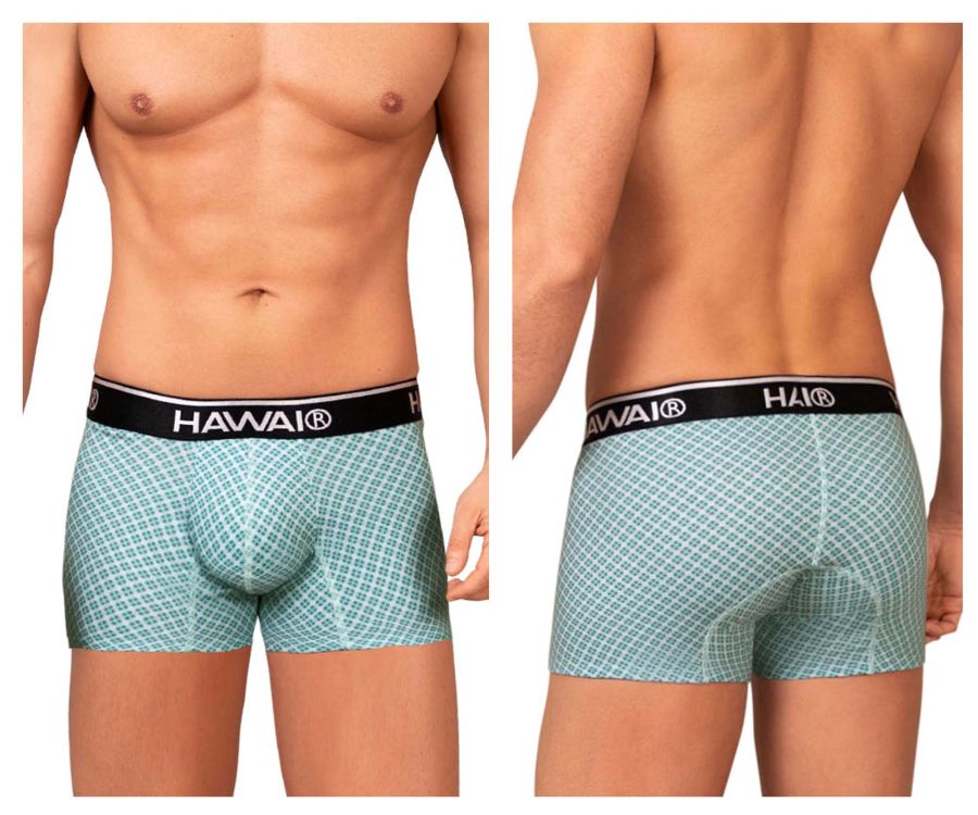 Light blue patterned boxer briefs with black hawaii waistband in green HAWAI 42421 printed trunks design