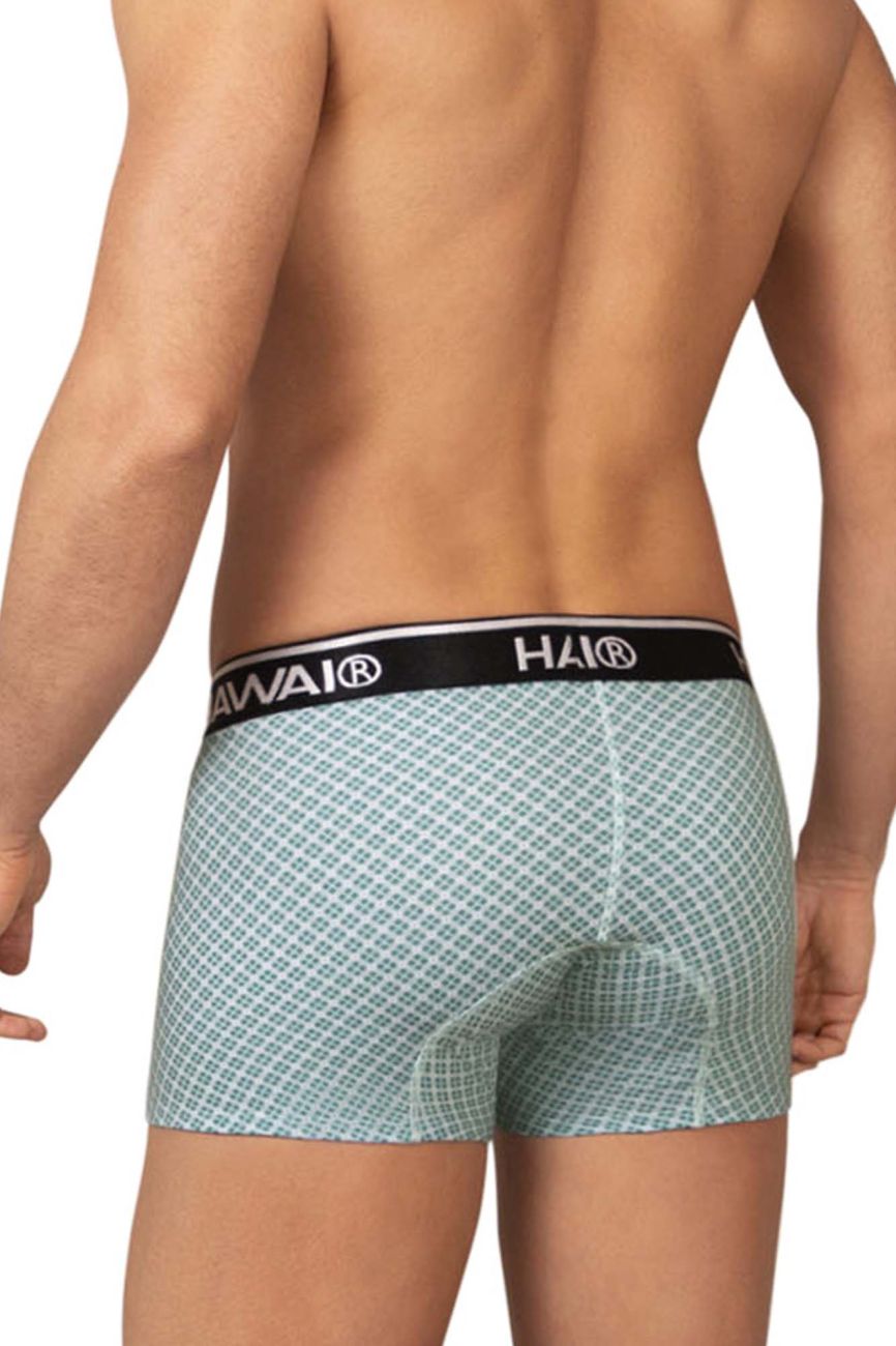 Light blue patterned Havai men’s boxer briefs with black waistband in green HAWAI 42421 printed trunks design