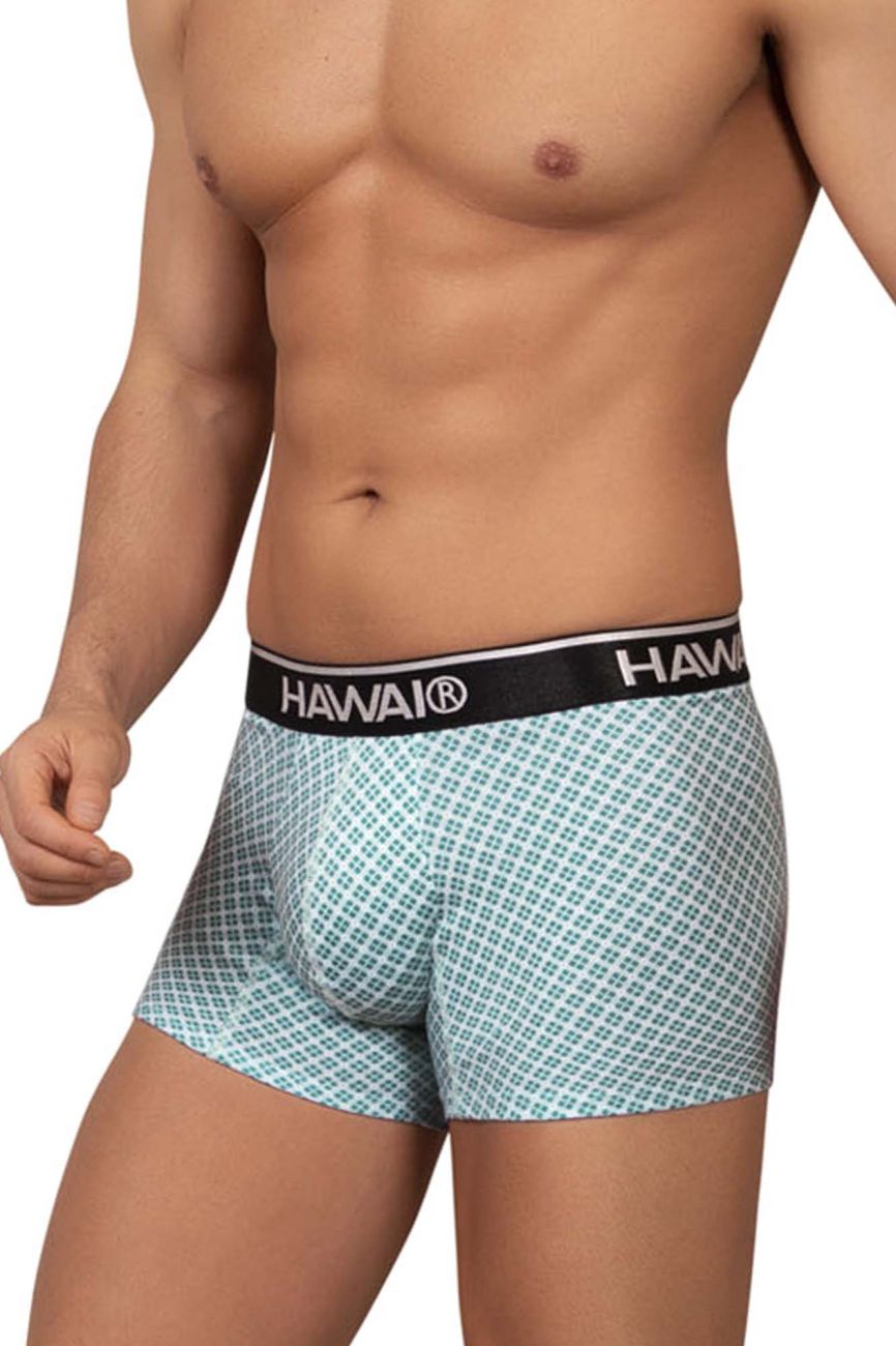 Light blue patterned boxer briefs with black hawaii waistband designed as green printed trunks HAWAI 42421