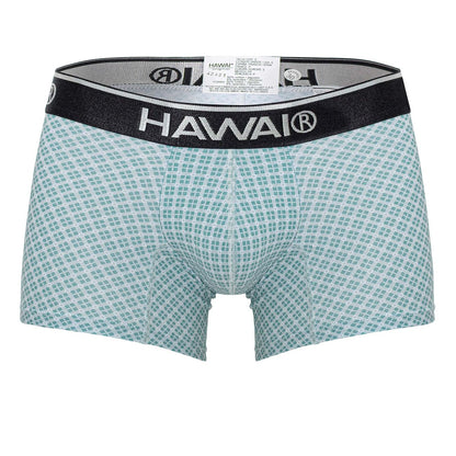 Hawaii 42421 printed trunks green men’s boxer briefs in light teal white checkered pattern with black elastic waistband