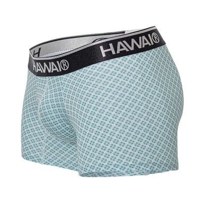 Men’s light green and white checkered boxer briefs with black waistband and hawai brand name in white lettering