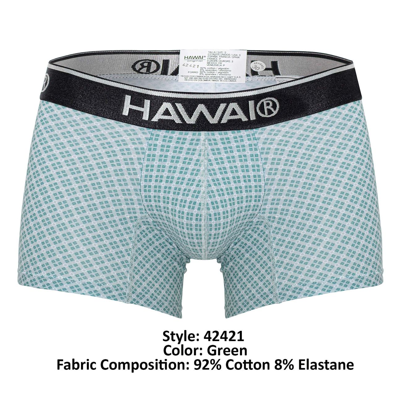 Green patterned HAWAI 42421 printed boxer briefs with black waistband featuring white HAWAI branding
