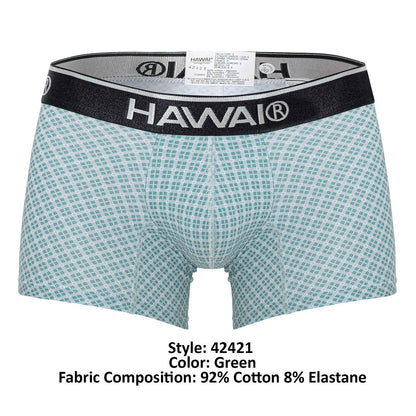 Green patterned HAWAI 42421 printed boxer briefs with black waistband featuring white HAWAI branding