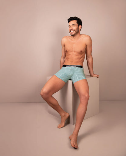 Light blue patterned boxer briefs with black hawaiian waistband in green color for comfortable everyday wear