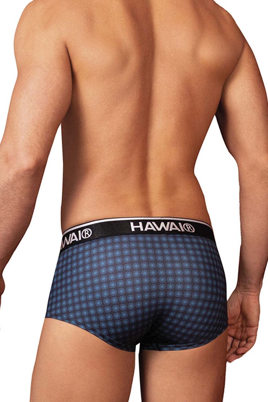 Dark blue patterned men’s briefs with a black waistband featuring hawaii brand name in white lettering