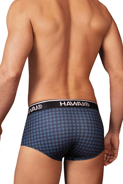 Dark blue patterned men’s briefs with a black waistband featuring hawaii brand name in white lettering