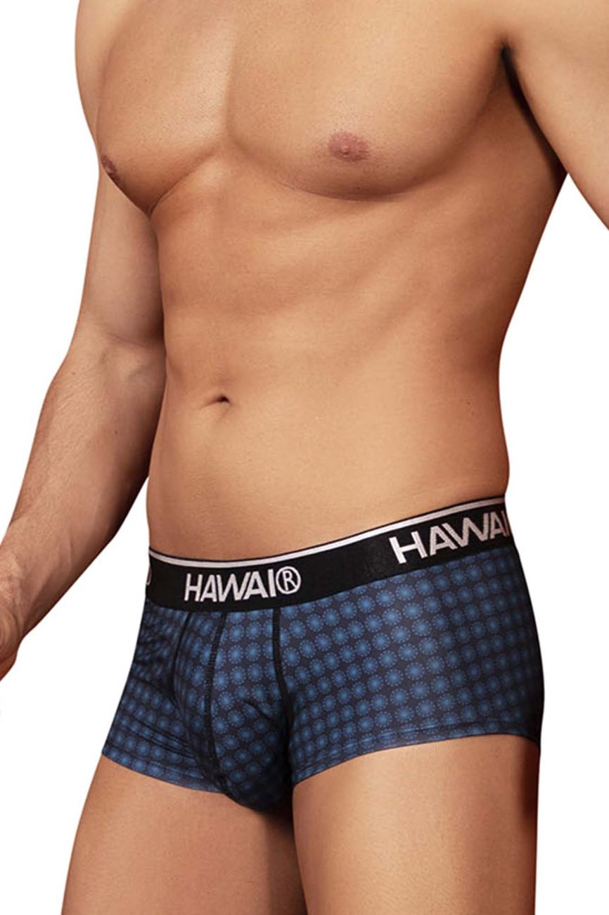 Blue patterned Hawai 42430 boxer briefs with black waistband featuring white lettering for comfortable everyday wear