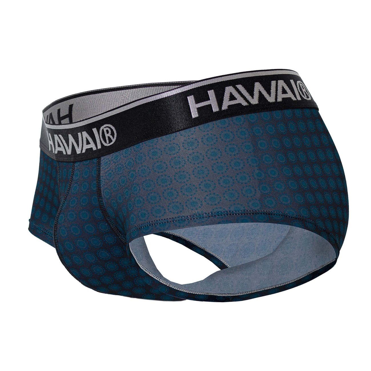 Dark blue patterned men’s briefs with black waistband featuring hawai logo in white lettering model 42430