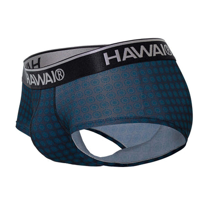 Dark blue patterned men’s briefs with black waistband featuring hawai logo in white lettering model 42430