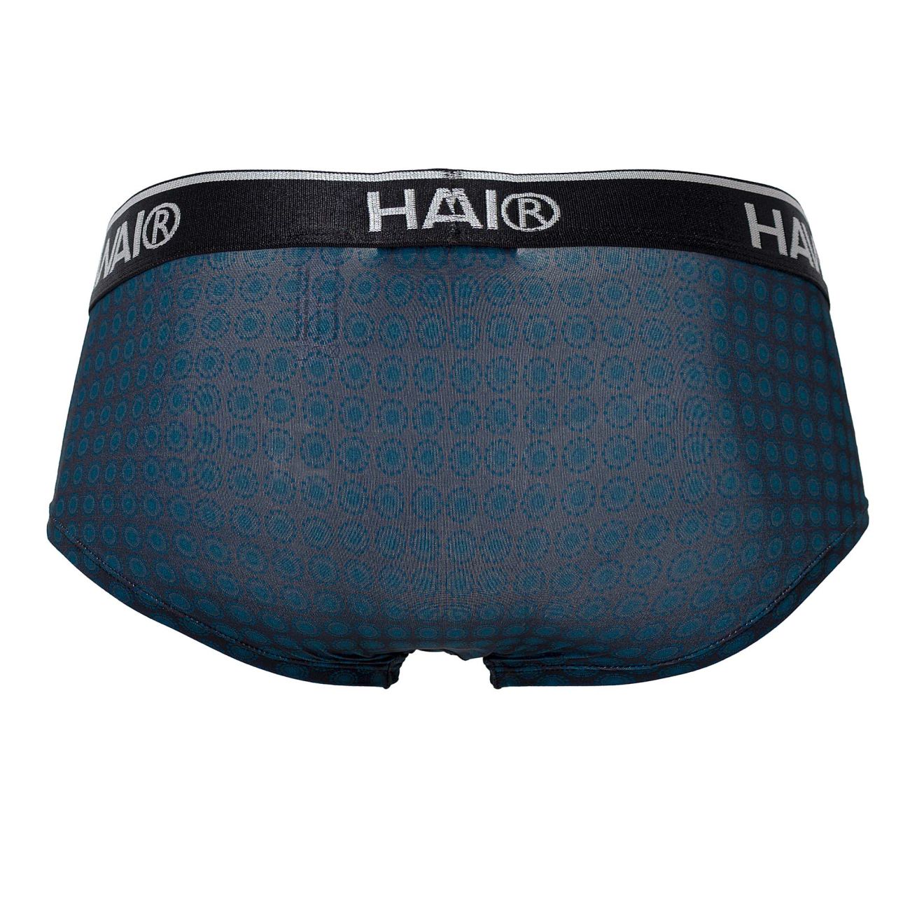 Dark blue hawai 42430 printed men’s briefs with subtle teal circular pattern and black hai® logo waistband