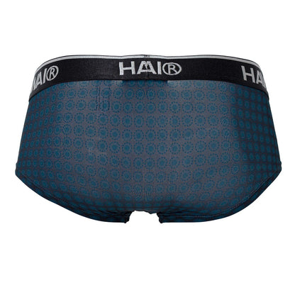 Dark blue hawai 42430 printed men’s briefs with subtle teal circular pattern and black hai® logo waistband