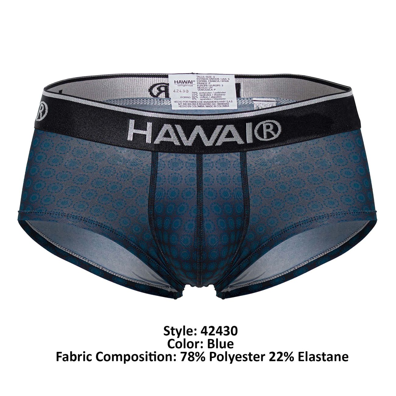 Blue patterned hawai 42430 printed men’s briefs with black waistband and subtle shell-like design
