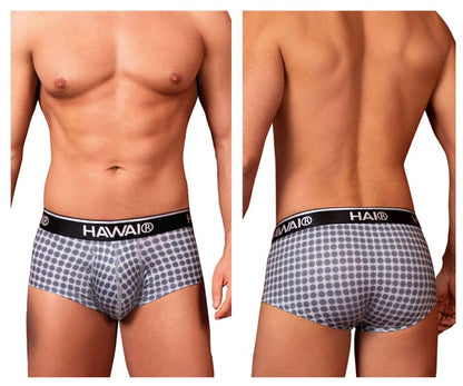 Gray patterned havai men’s briefs with black elastic waistband and brand logo in printed briefs color gray design