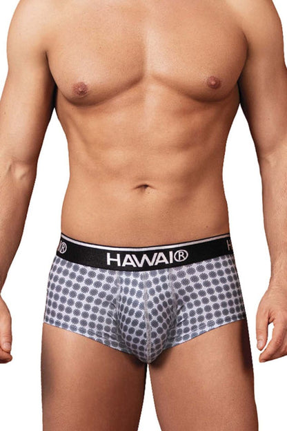 Gray patterned men’s briefs with black waistband featuring hawai brand name printed for everyday comfort