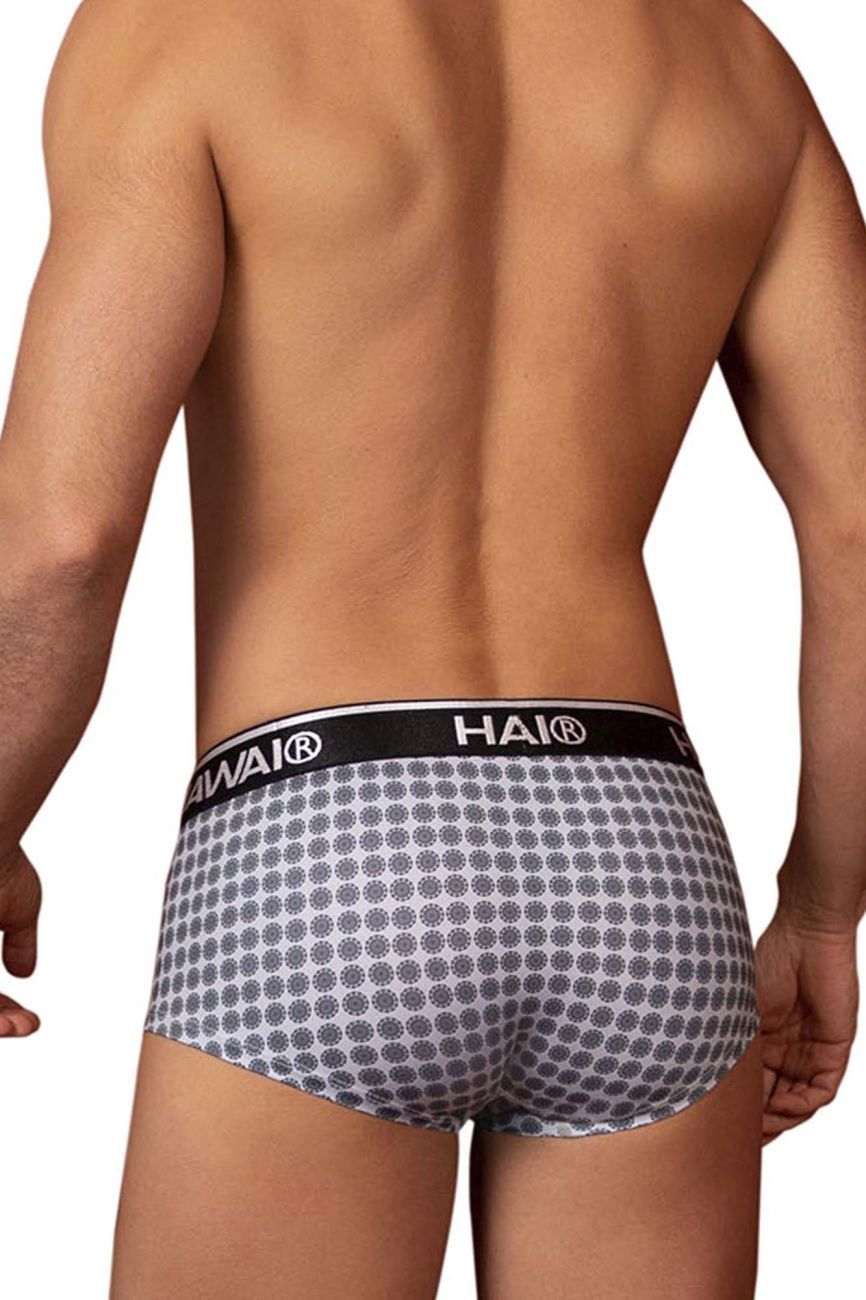Gray patterned briefs with black waistband featuring hai logo in the hawai 42430 printed briefs color gray design