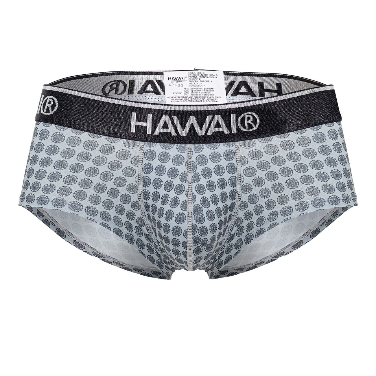 Gray patterned Hawai 42430 printed men’s briefs with a black waistband featuring the Hawai brand name in white lettering