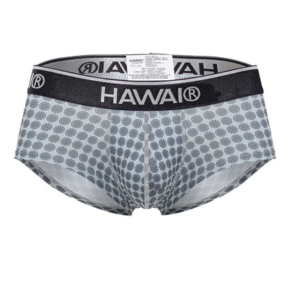 Gray patterned Hawai 42430 printed men’s briefs with a black waistband featuring the Hawai brand name in white lettering