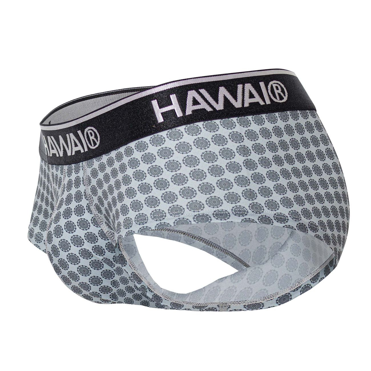 Gray patterned hawai 42430 men’s briefs with a black waistband featuring the brand name in white lettering