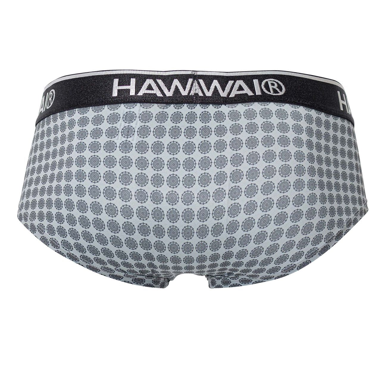 Gray patterned men’s briefs with a black waistband featuring the hawaii brand name for comfortable daily wear