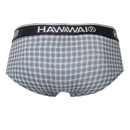 Gray patterned men’s briefs with a black waistband featuring the hawaii brand name for comfortable daily wear