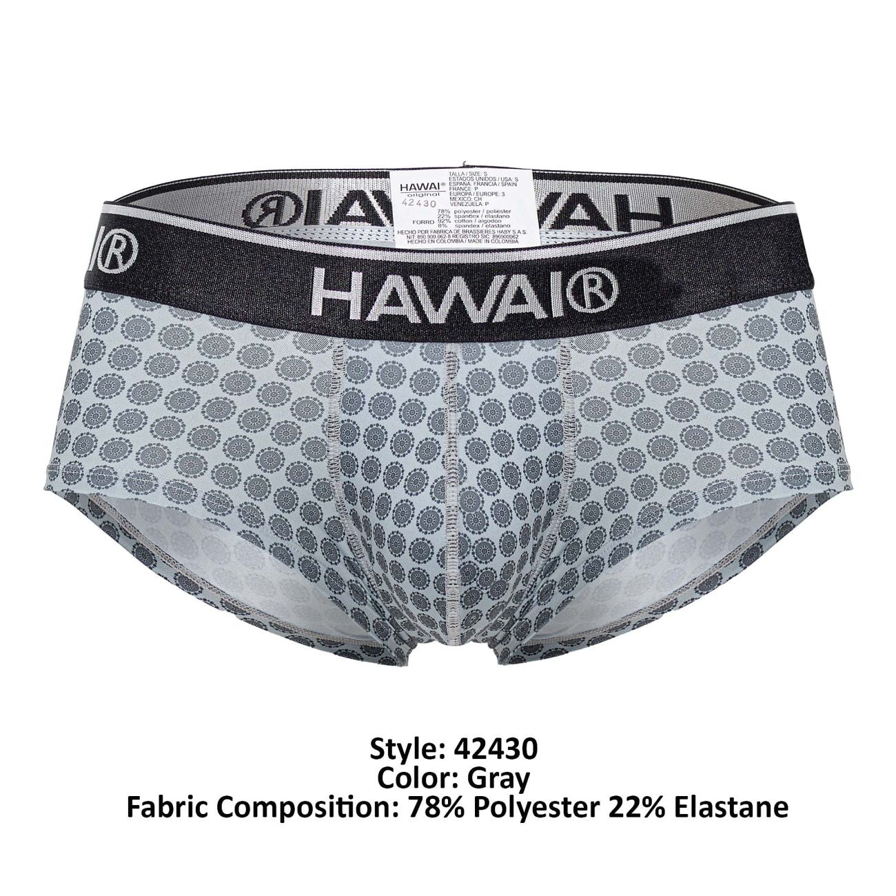 Gray patterned hawai 42430 printed men’s briefs with black elastic waistband and white brand logo for comfortable wear