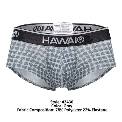 Gray patterned hawai 42430 printed men’s briefs with black elastic waistband and white brand logo for comfortable wear