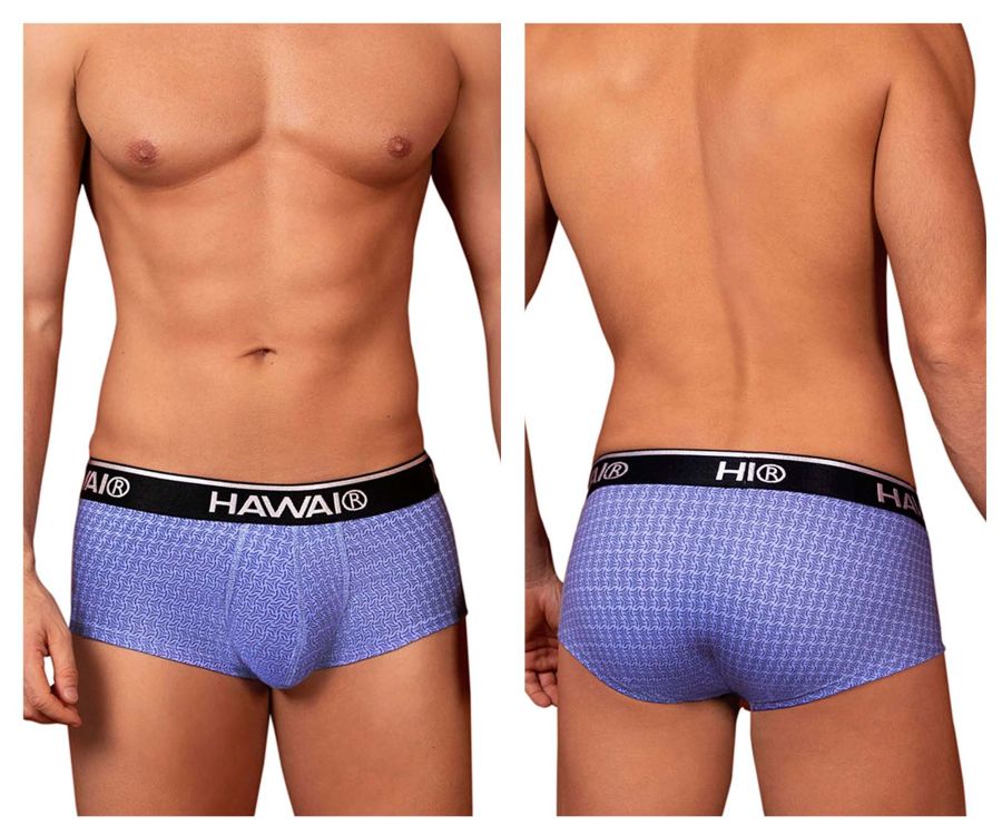 Blue patterned hawai men’s briefs with black elastic waistband featuring the brand logo in color blue