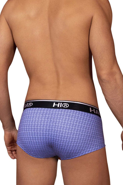 Purple printed briefs with black waistband featuring hi logo in blue hawai 42431 collection