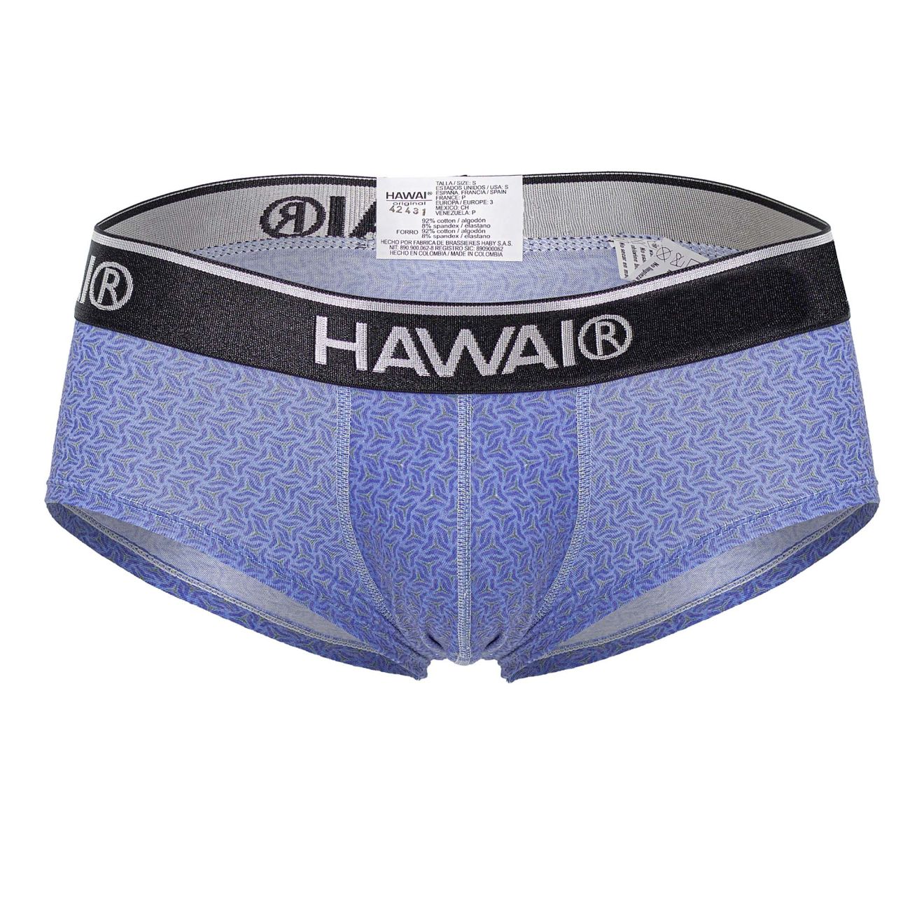 Blue patterned men’s briefs with black waistband featuring Hawai branding in white lettering model 42431